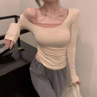 Long Sleeve U-neck Plain Top / Plain Camisole / High Waist Wide Leg Sweatpants