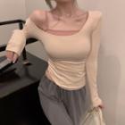 Long Sleeve U-neck Plain Top / Plain Camisole / High Waist Wide Leg Sweatpants