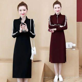 Long-sleeve Lettering Print Half-zip Midi Sheath Dress