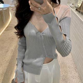 Mesh Panel Asymmetrical Cardigan Gray - One Size
