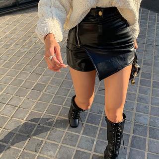 Faux-leather Asymmetric-hem Skort
