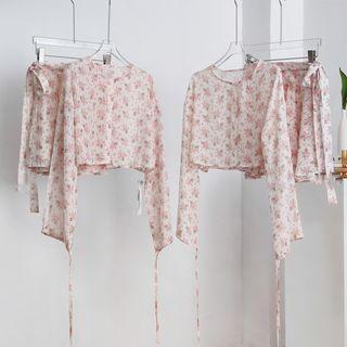 Set: Long-sleeve Floral Print Top + Mini A-line Skirt