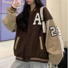 Letter Embroidered Baseball Jacket Coffee - One Size