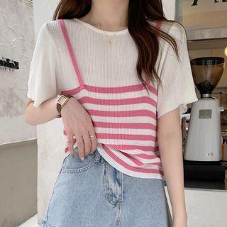 Elbow-sleeve Mock Two-piece Striped Panel Top