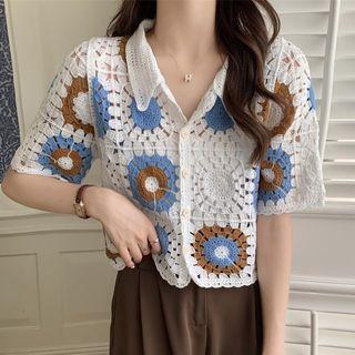 Elbow-sleeve Collar Crochet Knit Top