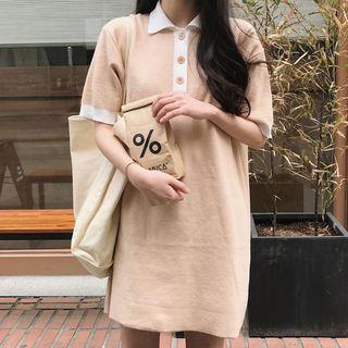 Elbow-sleeve Knit Polo Shirt Dress