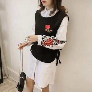 Set: Floral Embroidered Long-sleeve Shirtdress + Vest