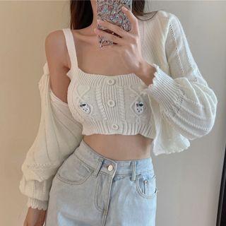 Set: Cartoon Embroidered Knit Crop Tank Top + Cardigan