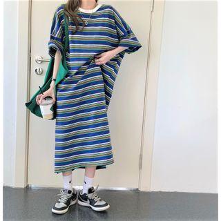 3/4-sleeve Striped Slit Maxi T-shirt Dress Stripes - Blue & Green & Brown - One Size