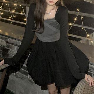 Long-sleeve Mini A-line Dress / Tie-back Mesh Camisole Top
