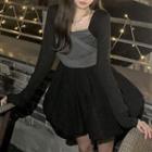 Long-sleeve Mini A-line Dress / Tie-back Mesh Camisole Top