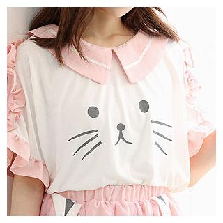 Ruffle-trim Cat Print Top