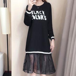 Mesh Panel Lettering Long-sleeve Dress