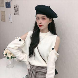 Mock Turtleneck Off-shoulder Knit Top