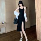 Plain Shirt / Side Slit Open Back Halter Dress