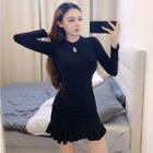 Long-sleeve Ruffle Hem Mini Bodycon Dress Black - One Size