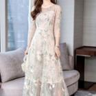 3/4-sleeve Embroidered Flower A-line Midi Dress