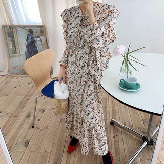 Beribboned Frilled-trim Maxi Floral Dress