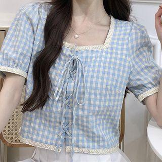 Short-sleeve Plaid Lace-up Top