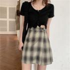 Buttoned Short-sleeve Cropped Top / Plaid Mini A-line Skirt
