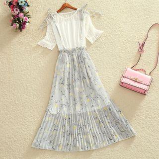 Elbow-sleeve Lace Top / Printed Pleated Suspender Skirt / Set: Elbow-sleeve Lace Top + Printed Pleated Suspender Skirt