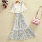Elbow-sleeve Lace Top / Printed Pleated Suspender Skirt / Set: Elbow-sleeve Lace Top + Printed Pleated Suspender Skirt