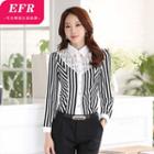 Perforated Pinstriped Lace Panel Blouse