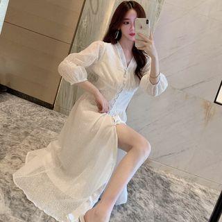 3/4-sleeve Floral Buttoned A-line Midi Dress White - One Size