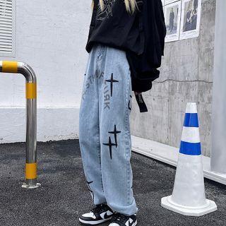 Cross Lettering Embroidered Wide-leg Jeans