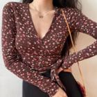 Cross V-neck Floral Long-sleeve Lace-up T-shirt