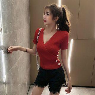V-neck Short-sleeve Knit Top Wine Red - One Size