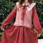 Lace Trim Long-sleeve Dotted Midi Dress / Knit Vest