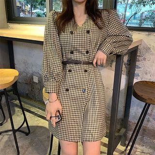 Long-sleeve Plaid Double Breast Tie Waist Dress Khaki - One Size