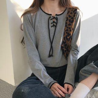 Lace Up Long-sleeve T-shirt Gray - One Size
