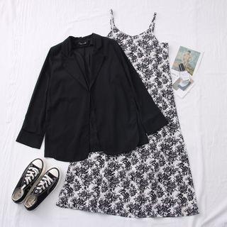 Set: Floral Sleeveless Midi Dress + Open-front Light Blazer Set - One Size