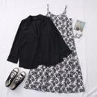 Set: Floral Sleeveless Midi Dress + Open-front Light Blazer Set - One Size
