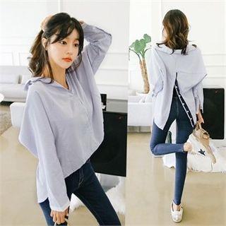Collared Long-sleeve Half-placket Contrast-trim Top