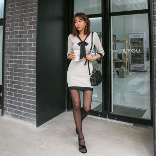 Contrast Tie-neck -mini Bodycon Dress