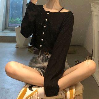 Long-sleeve Cutout Buttoned Crop Top