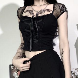 Cap Sleeve Scoop Neck Lace-up Crop Top