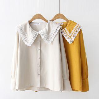 Long-sleeve Peter Pan Collar Lace Trim Blouse