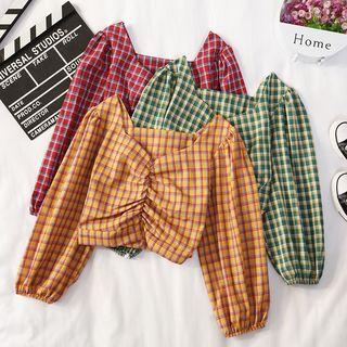 Long-sleeve Plaid Crinkled Cropped Top