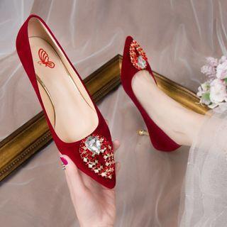 Pointed Rhinestone Flared Heel Pumps
