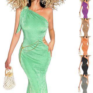Sleeveless One-shoulder Chained Midi Mermaid Dress