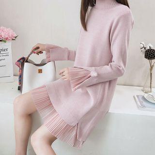Chiffon Panel Mock-neck Sweater Dress