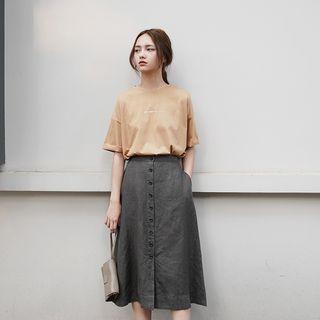 Buttoned Linen Midi A-line Skirt