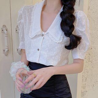 Collared Short-sleeve Eyelet Blouse / Mini Pencil Skirt