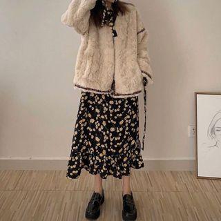 Long-sleeve Floral Print Midi A-line Dress / Fleece Button Jacket