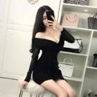 Long-sleeve Asymmetrical Mini Sheath Dress Black - One Size