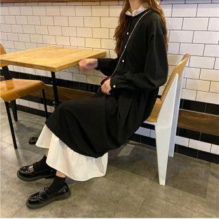 Long-sleeve Two-tone Dress Black - One Size